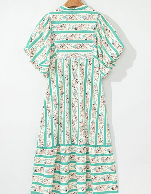 Load image into Gallery viewer, Striped Floral Print Tie Neck Puff Sleeve Midi Dress
