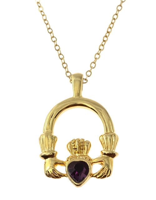Load image into Gallery viewer, Vintage Claddagh Necklace Austrian Heart Crystal 18k Yellow Gold Electroplated Made in the USA by PVD Vintage Jewelry
