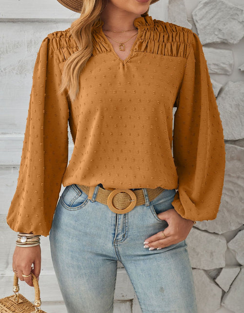Load image into Gallery viewer, Ruched Swiss Dot Notched Balloon Sleeve T-Shirt

