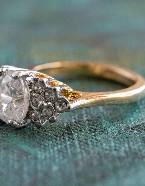 Load image into Gallery viewer, Vintage 1980's Cubic Zirconia Ring with Clear Austrian Crystals 18k Yellow Gold Electroplated by PVD Vintage Jewelry

