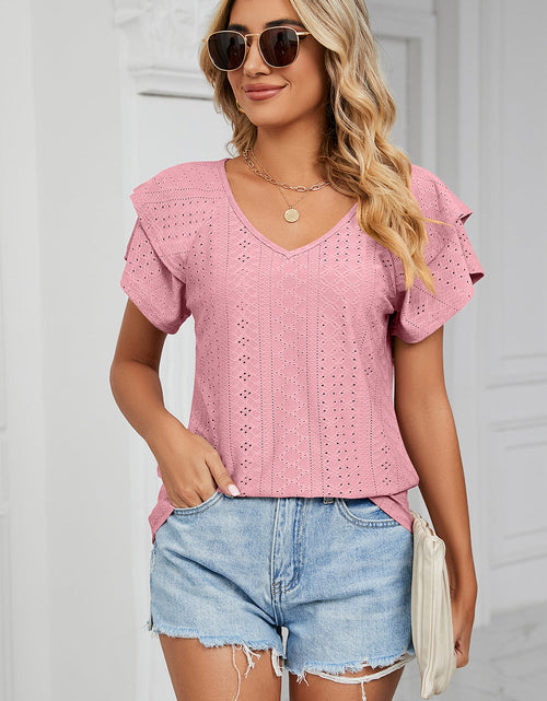 Load image into Gallery viewer, Eyelet V-Neck Short Sleeve T-Shirt

