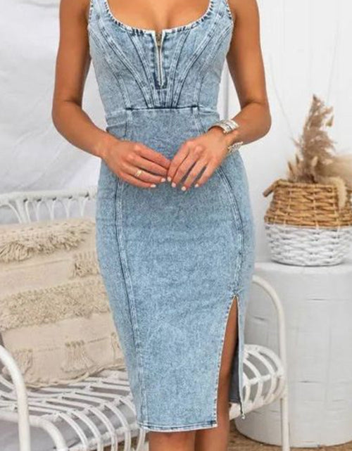 Load image into Gallery viewer, Side Slit Washed Scoop Neck Denim Dress
