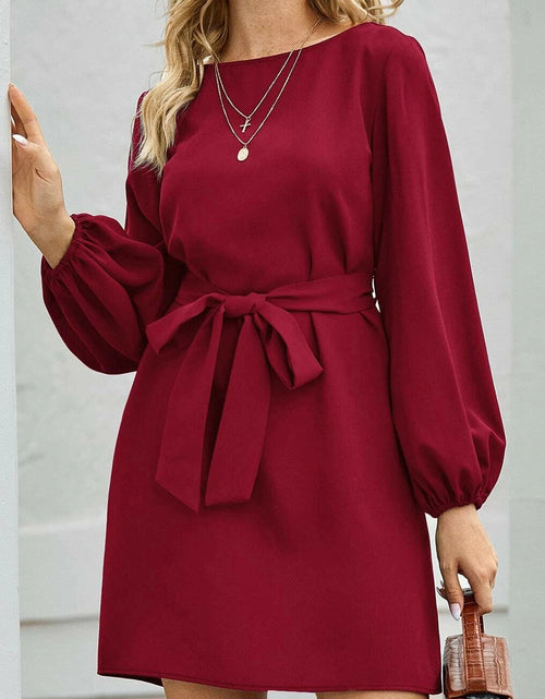 Load image into Gallery viewer, Tied Boat Neck Balloon Sleeve Mini Dress
