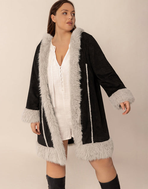 Load image into Gallery viewer, Plus Size Fuzzy Trim Open Front Long Sleeve Hooded Coat
