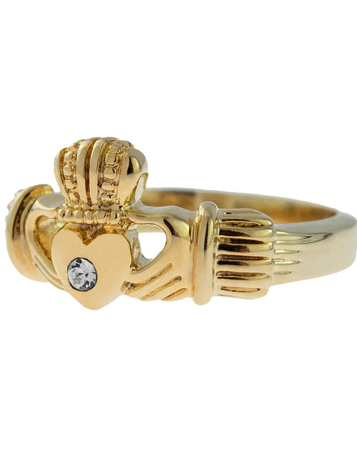 Load image into Gallery viewer, Antique Dainty Claddagh Ring Clear Swarovski Crystal 18k Irish Gold Womans Jewelry Claddagh Rings R3443 by PVD Vintage Jewelry
