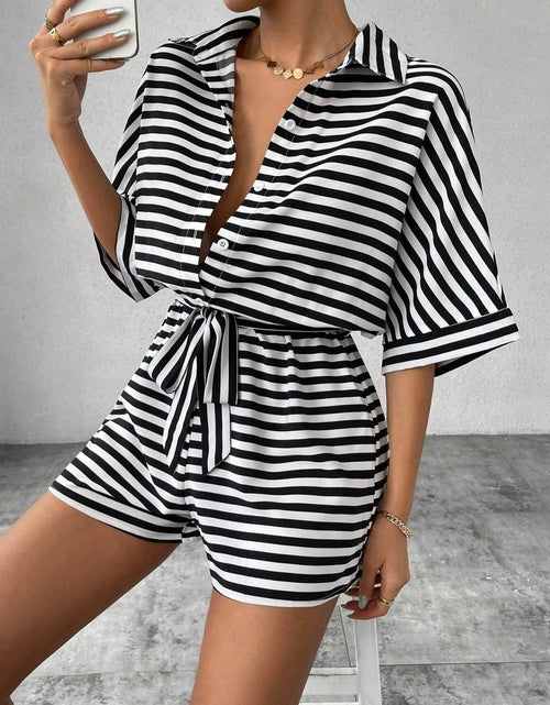 Load image into Gallery viewer, Tie Waist Half Button Striped Romper
