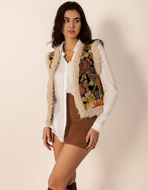 Load image into Gallery viewer, Embroidered Fuzzy Trim Open Front Vest Coat
