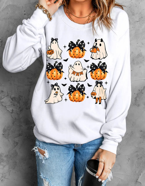 Load image into Gallery viewer, Pumpkin &amp; Ghost Round Neck Long Sleeve Sweatshirt
