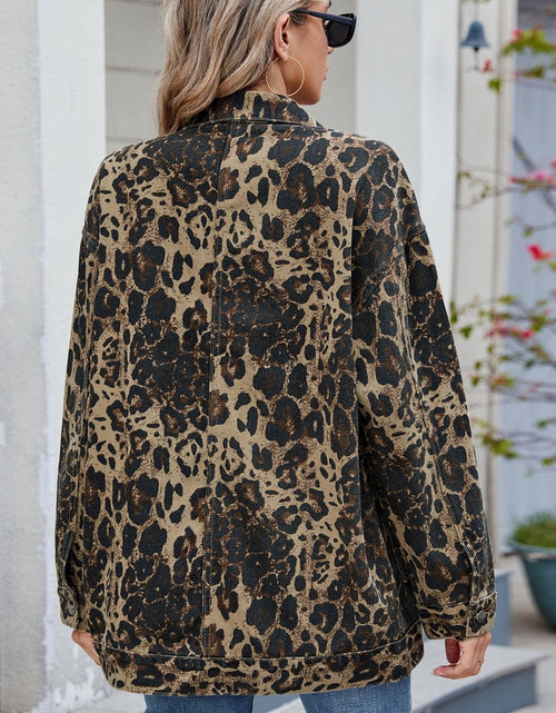 Load image into Gallery viewer, Leopard Button Up Drop Shoulder Denim Jacket

