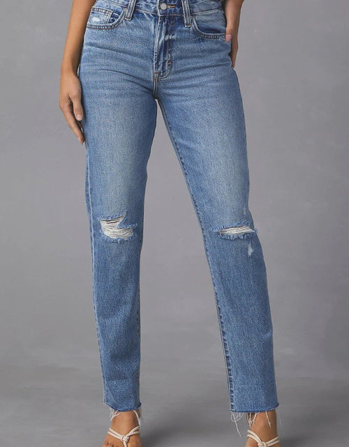 Load image into Gallery viewer, Distressed Raw Hem Straight Jeans with Pockets
