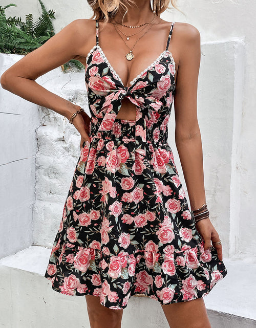 Load image into Gallery viewer, Perfee Tied Rose Print Spaghetti Strap Dress
