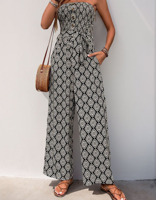 Load image into Gallery viewer, Perfee Printed Smocked Sleeveless Jumpsuit

