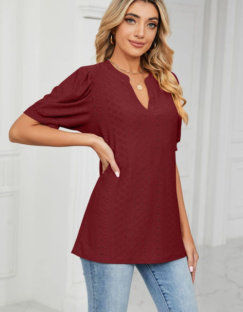 Load image into Gallery viewer, Eyelet Short Puff Sleeve Notched Neck Top
