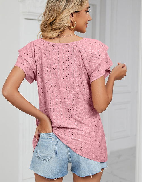Load image into Gallery viewer, Eyelet V-Neck Short Sleeve T-Shirt

