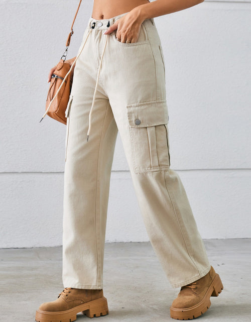 Load image into Gallery viewer, Drawstring Mid-Rise Waist Straight Cargo Jeans
