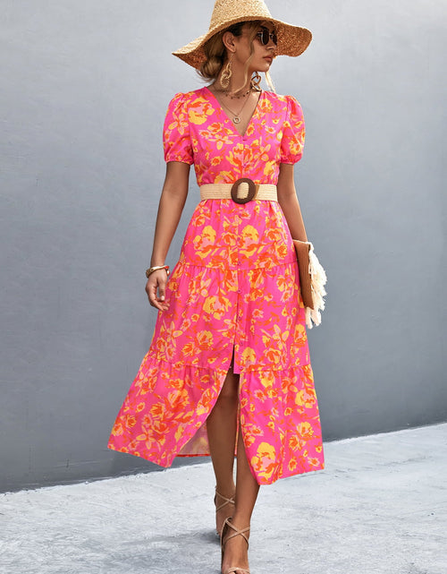 Load image into Gallery viewer, V-Neck Short Sleeve High Slit Midi Dress
