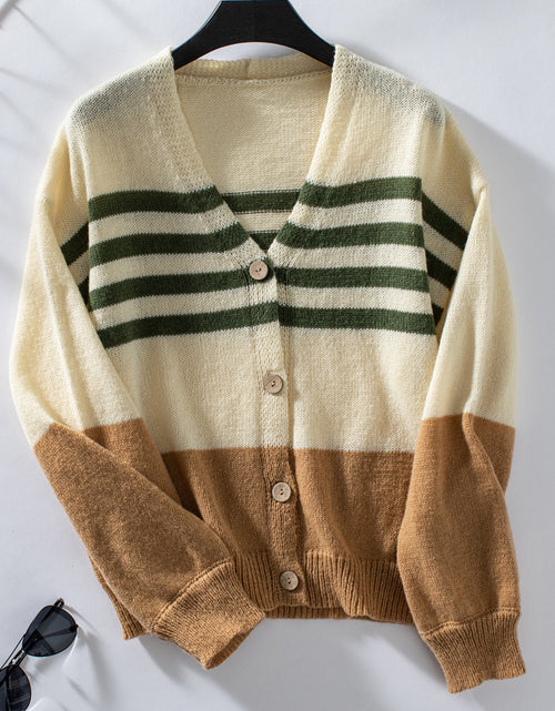 Load image into Gallery viewer, Color Block V-Neck Button Down Long Sleeve Cardigan
