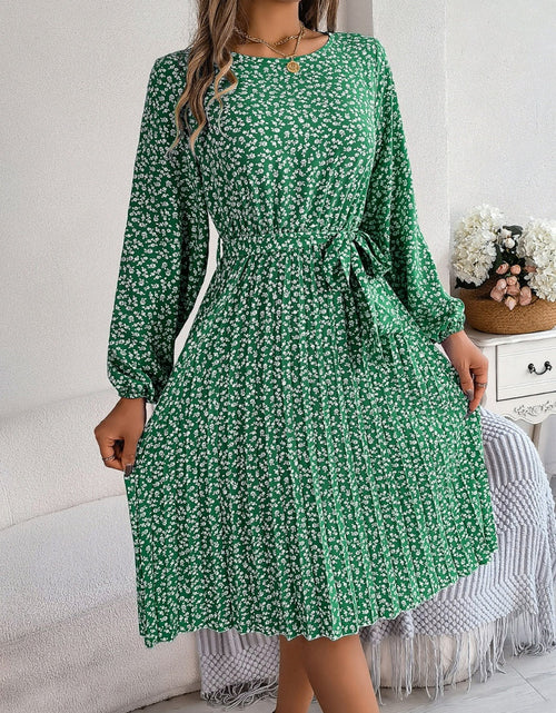 Load image into Gallery viewer, Ditsy Floral Tie Waist Pleated Dress
