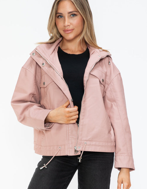 Load image into Gallery viewer, How Dare U Drawstring Hem PU Leather Zip Up Jacket
