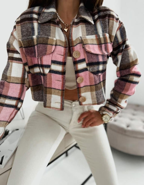 Load image into Gallery viewer, Pocketed Collared Neck Long Sleeve Plaid Jacket
