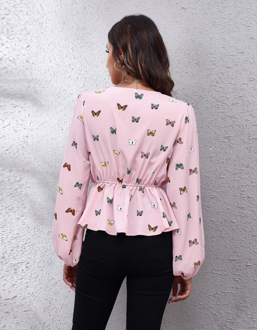Load image into Gallery viewer, Butterfly V-Neck Balloon Sleeve Peplum Blouse
