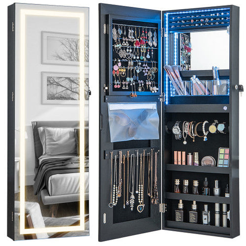 Load image into Gallery viewer, 42.5 Inches Lockable Jewelry Mirror Wall Cabinet with 3-Color LED Lights-Black
