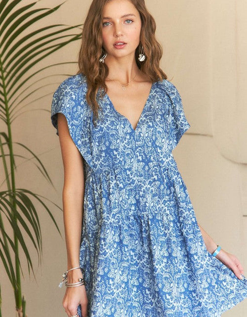 Load image into Gallery viewer, ADORA Printed V-Neck Ruffle Sleeve Mini Dress
