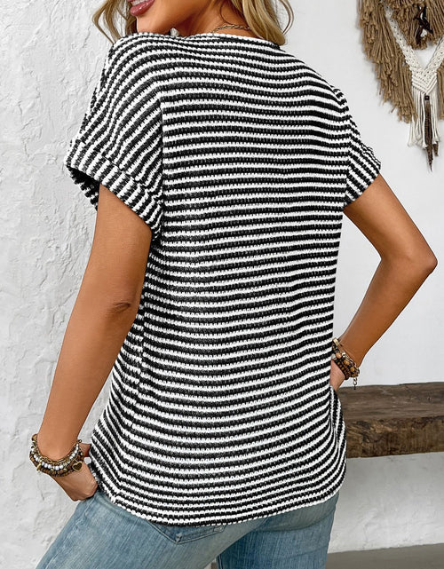 Load image into Gallery viewer, Striped Notched Short Sleeve T-Shirt
