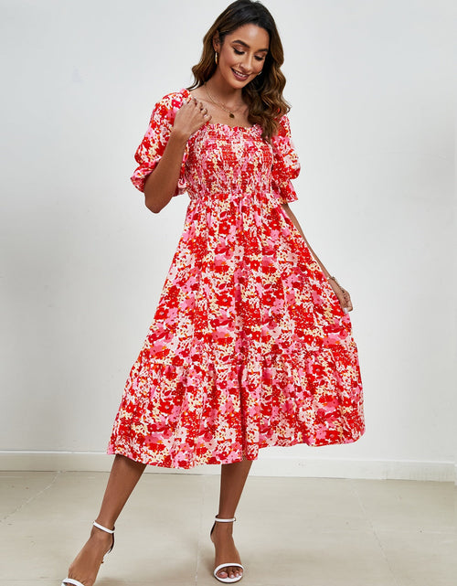 Load image into Gallery viewer, Smocked Floral Square Neck Short Sleeve Dress
