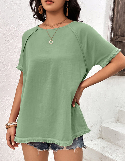 Load image into Gallery viewer, Ivy Lane Round Neck Raglan Sleeve Fringe Detail Top
