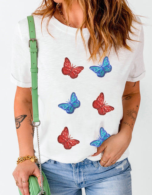 Load image into Gallery viewer, Sequin Butterfly Round Neck Short Sleeve T-Shirt
