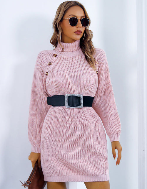 Load image into Gallery viewer, Buttoned Turtleneck Long Sleeve Sweater Dress
