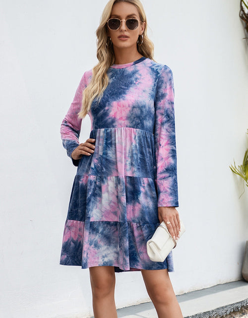 Load image into Gallery viewer, Ivy Lane Tie-Dye Round Neck Long Sleeve Tiered Dress
