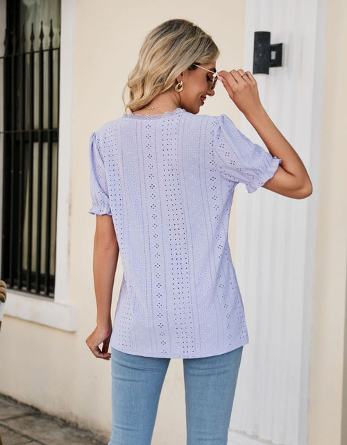 Load image into Gallery viewer, Eyelet Flounce Sleeve Scalloped V-Neck Top
