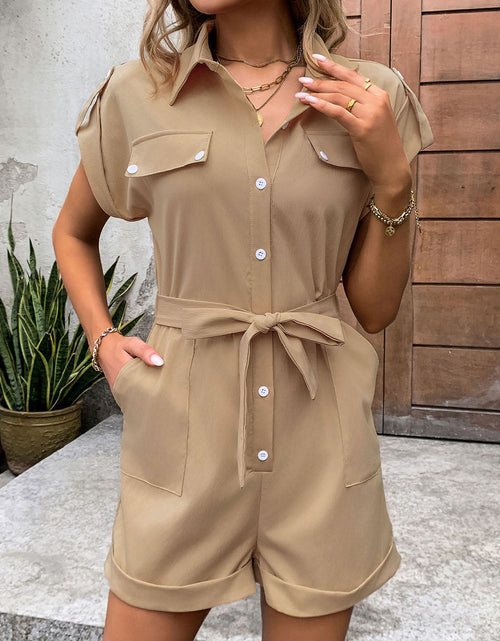 Load image into Gallery viewer, Perfee Collared Neck Tie Waist Romper with Pockets
