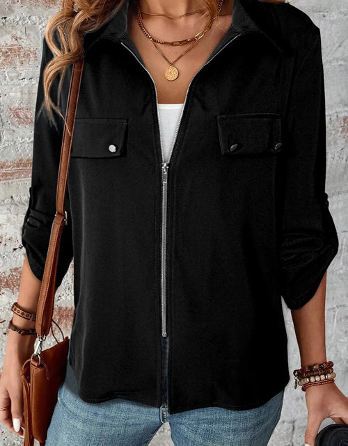 Load image into Gallery viewer, Pocketed Zip Up Collared Neck Long Sleeve Jacket
