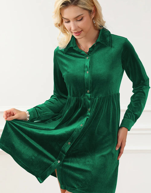 Load image into Gallery viewer, Ruched Button Up Collared Neck Long Sleeve Shirt Dress
