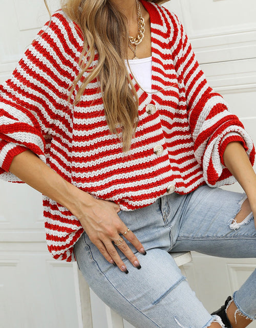 Load image into Gallery viewer, Angel Wings Striped Button Up Long Sleeve Cardigan
