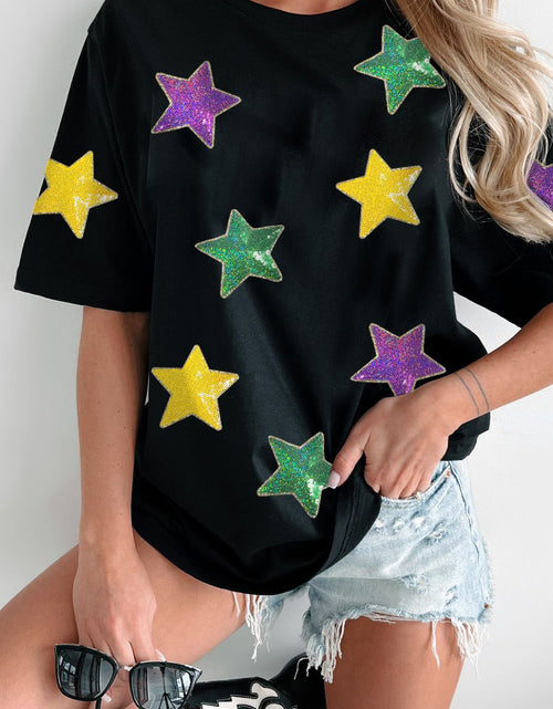 Load image into Gallery viewer, Sequin Stars Patched Round Neck T-Shirt
