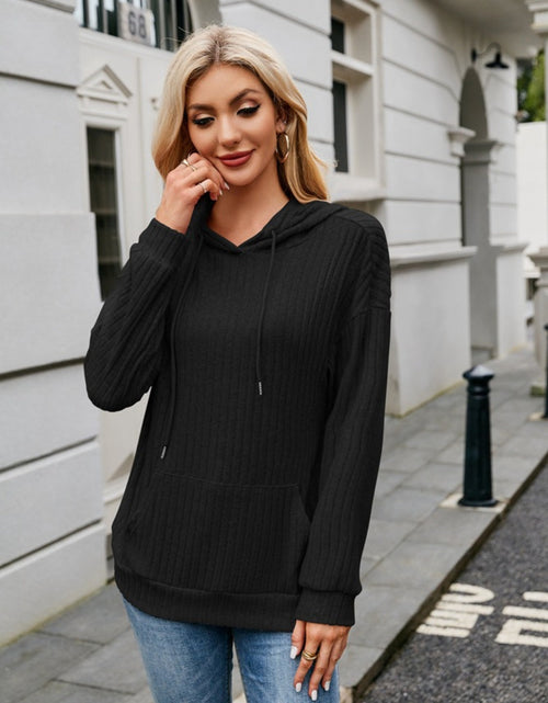 Load image into Gallery viewer, Ribbed Drawstring Long Sleeve Hoodie
