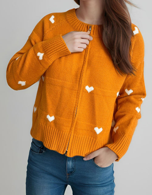 Load image into Gallery viewer, Heart Round Neck Zip Up Cardigan
