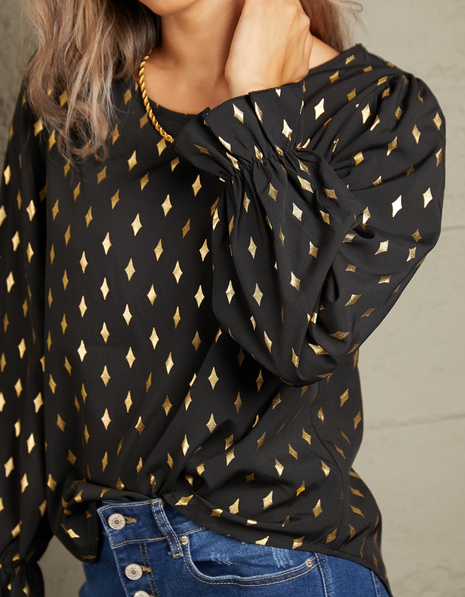 Perfee Printed Round Neck Flounce Sleeve Blouse