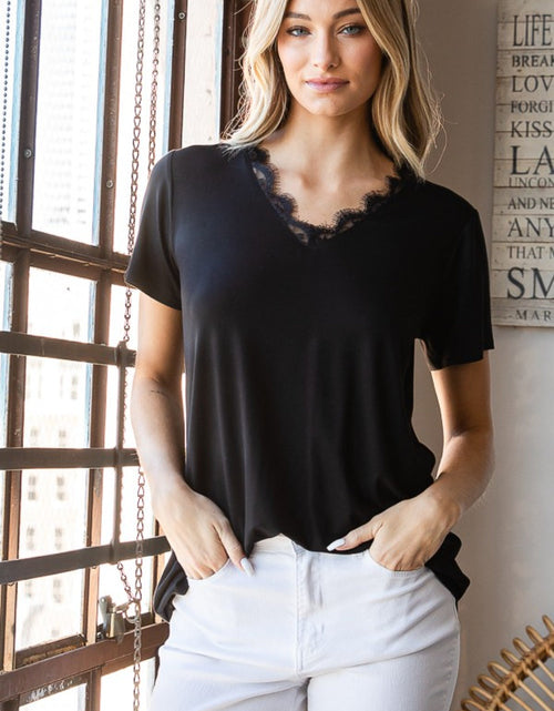 Load image into Gallery viewer, Heimish Lace Detail V-Neck Short Sleeve T-Shirt
