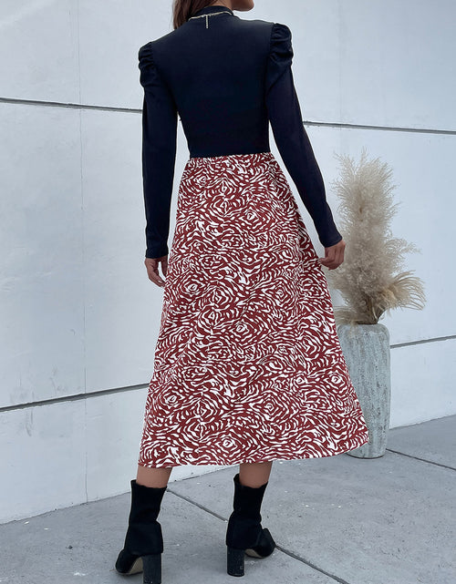 Load image into Gallery viewer, Perfee Printed Mock Neck Puff Sleeve Midi Dress
