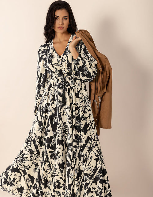 Load image into Gallery viewer, Tied Printed V-Neck Long Sleeve Midi Dress
