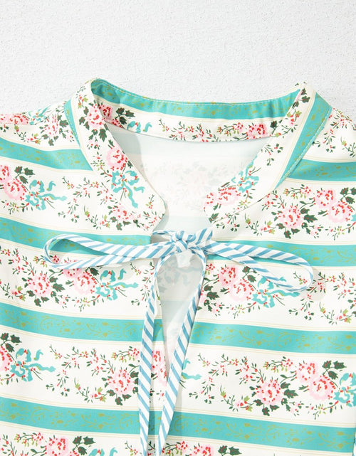 Load image into Gallery viewer, Striped Floral Print Tie Neck Puff Sleeve Midi Dress

