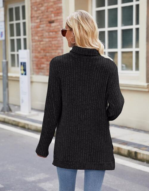 Load image into Gallery viewer, Ribbed Turtleneck Long Sleeve Slit Knit Top
