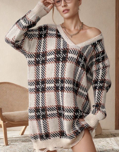 Load image into Gallery viewer, Distressed Plaid V-Neck Long Sleeve Sweater Dress

