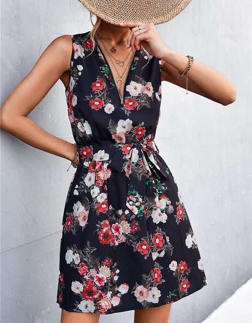 Load image into Gallery viewer, Printed Zip Detail Belted Sleeveless Dress
