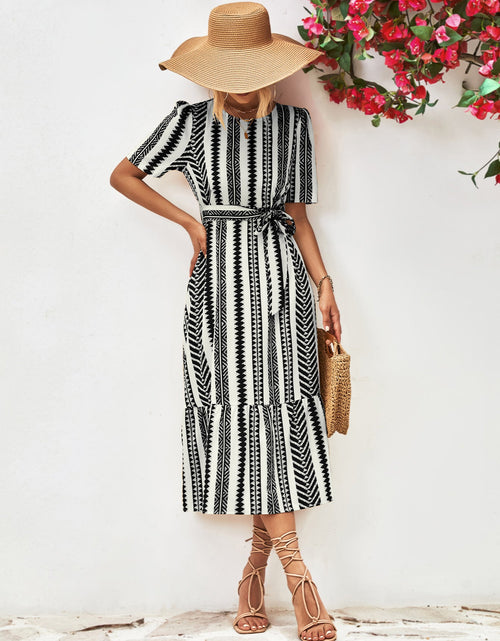 Load image into Gallery viewer, Striped Tie Belt Round Neck Puff Sleeve Dress
